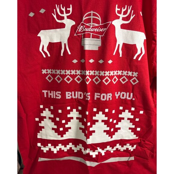 Budweiser Holiday T-Shirt This Buds For You Deer Trees Lg Red Jerzees Cotton - Picture 3 of 7